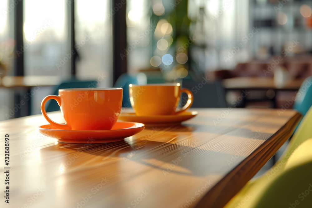 cups of coffee on the office table with people meeting background cups of coffee on the office table with people meeting background