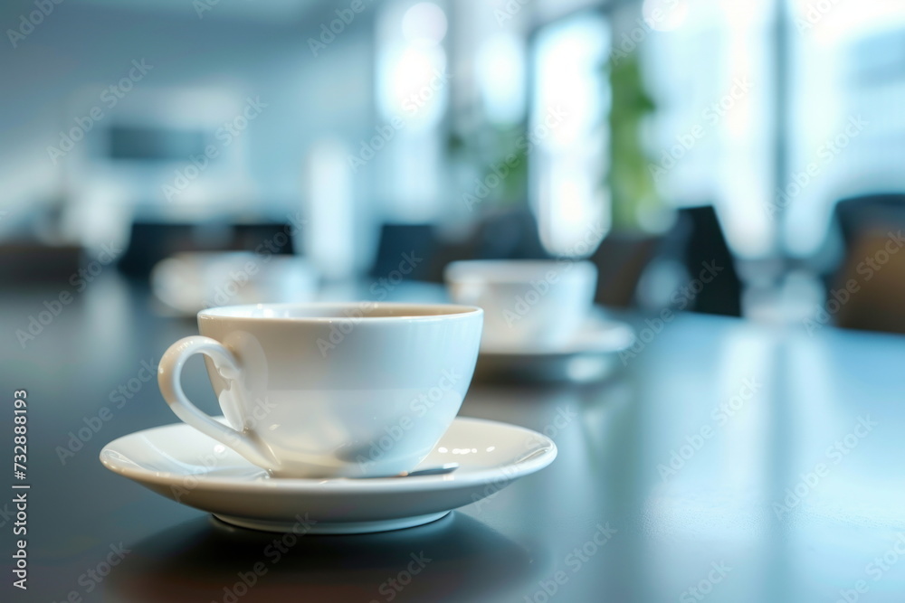 cups of coffee on the office table with people meeting background cups of coffee on the office table with people meeting background