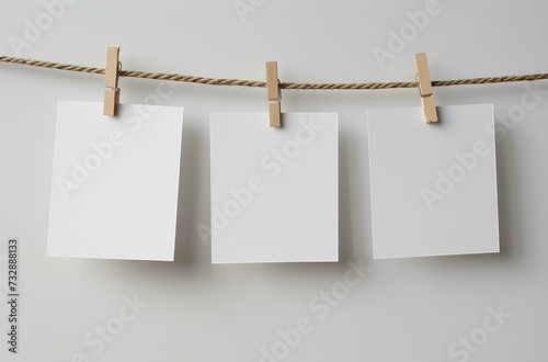 close up of  a 3 blank note papers, photo frame on a rope with clothespins white background 