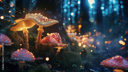 whimsical forest where fairies frolic among glowing mushrooms and sparkling fireflies