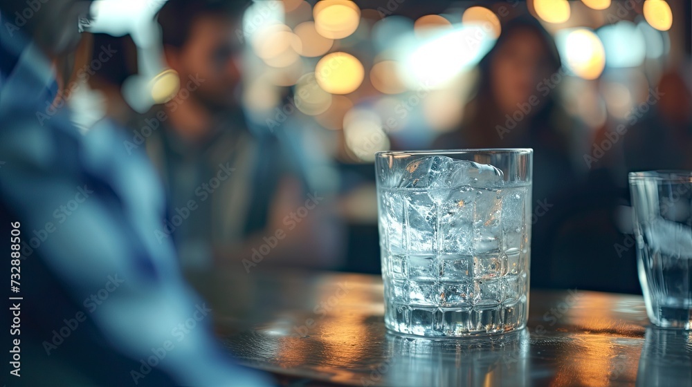 Cocktail close up in a bar setting. Blurred people in the background. Selective focus on the icy drink and glass, realistic, copy space - generative ai Cocktail close up in a bar setting. Blurred people in the background. Selective focus on the icy drink and glass, realistic, copy space - generative ai