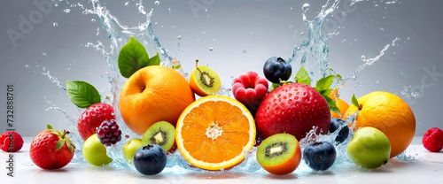 different kind of Fruits with Water Splash on white background 