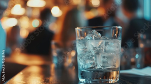 Cocktail close up in a bar setting. Blurred people in the background. Selective focus on the icy drink and glass, realistic, copy space - generative ai