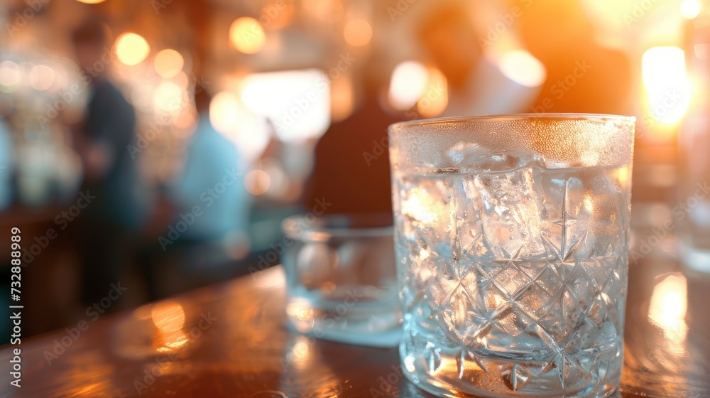 Cocktail close up in a bar setting. Blurred people in the background. Selective focus on the icy drink and glass, realistic, copy space - generative ai Cocktail close up in a bar setting. Blurred people in the background. Selective focus on the icy drink and glass, realistic, copy space - generative ai