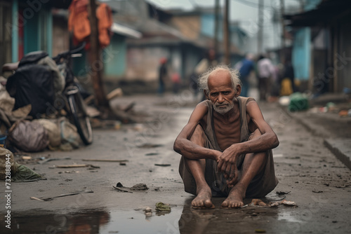 concept of hunger and misery, man from poor country suffering from hunger and disease