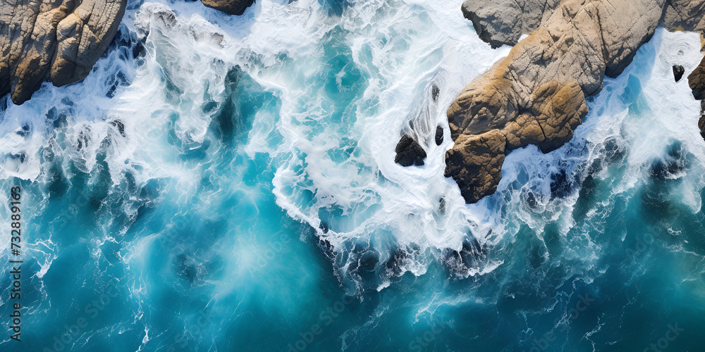 A wave breaks on the rocks in the ocean.AI Generative
 - obrazy, fototapety, plakaty 