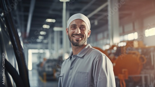 Portrait of a happy and confident Muslim male worker with high tech machinery job in a modern technology automotive manufacturing workspace