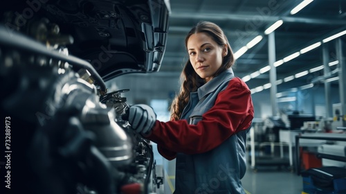 Portrait of a confident female worker with high tech machinery job in a modern technology automotive manufacturing workspace