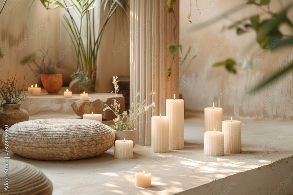 a minimalist studio adorned with warm-toned candles and nature-inspired decor, ideal for relax