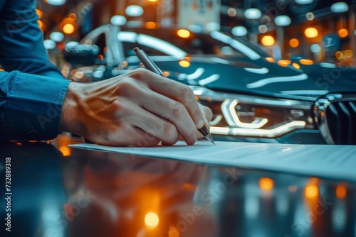 a customer signing a contract in a well-lit and sleek car showroom. The image conveys trust and professionalism, emphasizing the benefits of purchasing a new car. © ARTIFICIAN