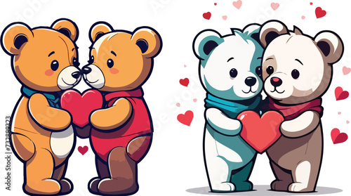 Vector illustration of kissing teddy bears with hearts, Valentine's Day.  photo