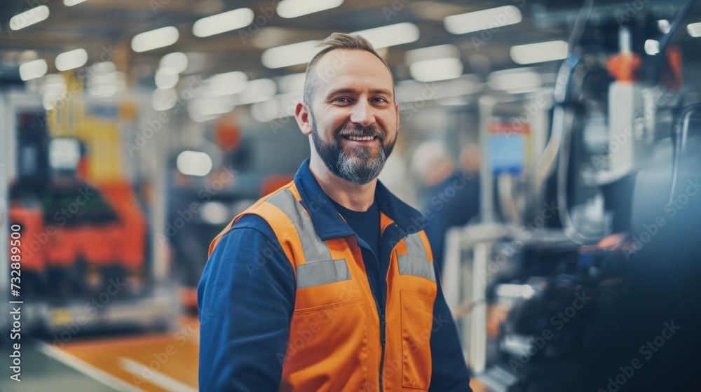 Portrait of a happy and confident male worker with high tech machinery job in a modern technology automotive manufacturing workspace Portrait of a happy and confident male worker with high tech machinery job in a modern technology automotive manufacturing workspace
