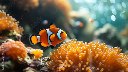 Nemo fish and colorful coral reefs, calm garden views, sunlight penetration