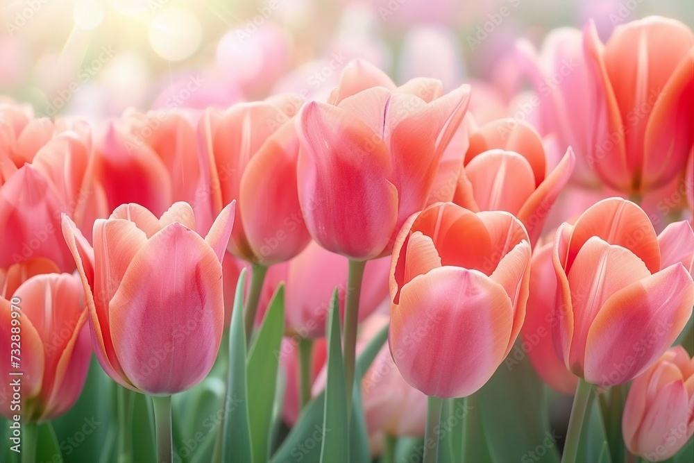 Pink tulips in pastel coral tints at blurry background, closeup. Fresh spring flowers in the garden with soft sunlight for your horizontal floral poster, wallpaper or holidays card. generative ai. Pink tulips in pastel coral tints at blurry background, closeup. Fresh spring flowers in the garden with soft sunlight for your horizontal floral poster, wallpaper or holidays card. generative ai.