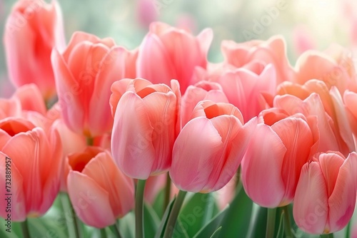 Pink tulips in pastel coral tints at blurry background, closeup. Fresh spring flowers in the garden with soft sunlight for your horizontal floral poster, wallpaper or holidays card. generative ai.