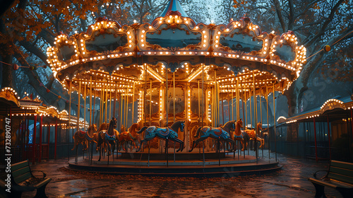 symmetrical carnival entrance showing a carousel, zoomed out shot