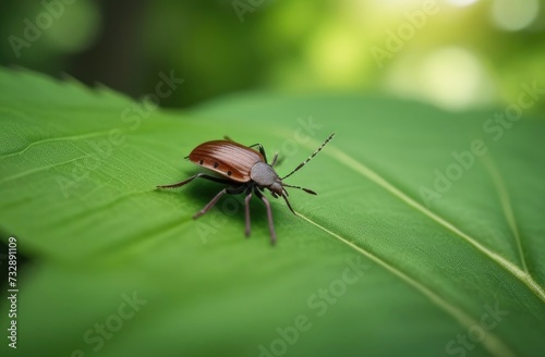 Macro shot of an adult beetle sitting on a leaf blade in a garden. Its forewings are bright scarlet and shiny. The legs, eyes, antennae and head are black