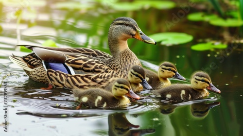 Tranquil Pond with Adorable Ducklings Following Their Mother Amidst Lush Greenery AI Generated.