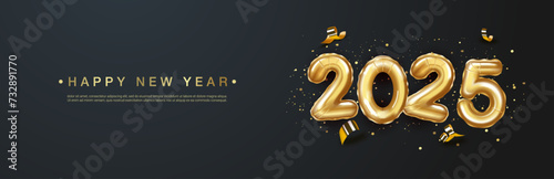 2025 Happy new year. realistic gold balloon numbers of 2025. on black background