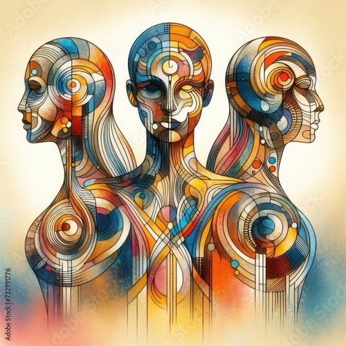 abstract art featuring three figures against a light background. Each figure is depicted with vibrant, contrasting colors and abstract shapes overlaying their forms