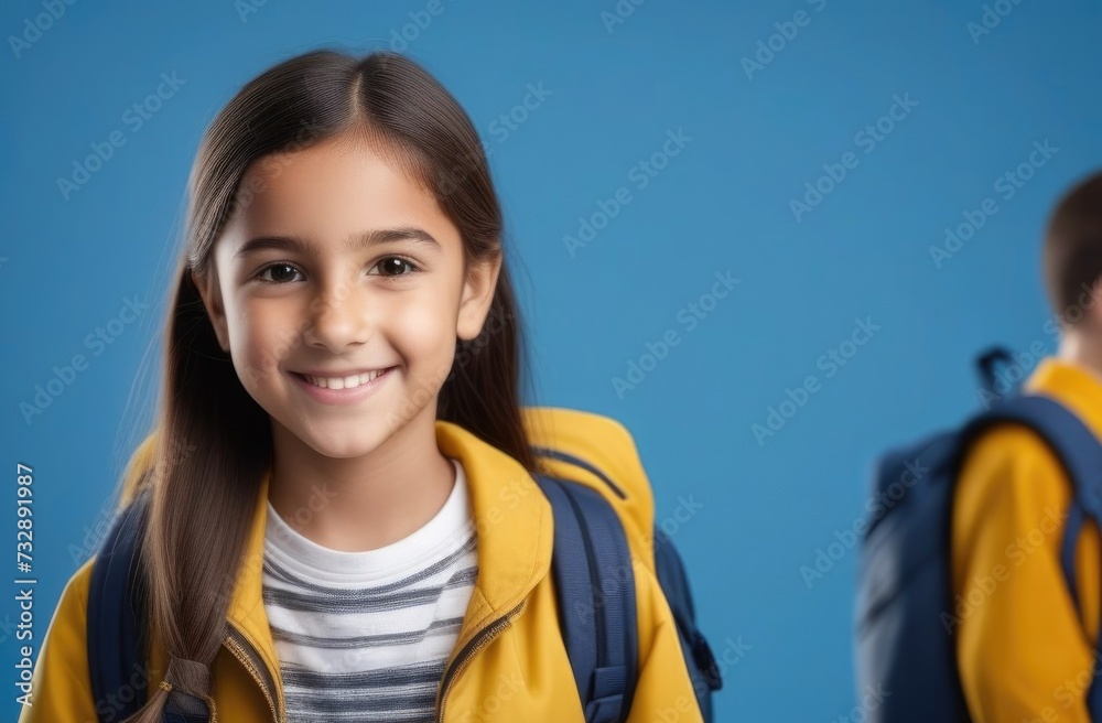 Schoolgirl girl with backpack,brunette in mustard coat,loose hair on girl,teenager smiling Schoolgirl girl with backpack,brunette in mustard coat,loose hair on girl,teenager smiling
