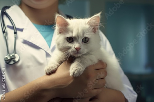 A white cat is sitting in a man's arms,Close-up of kitten in the hands of a veterinarian,assistant holding an animal,cute cat with sad eyes