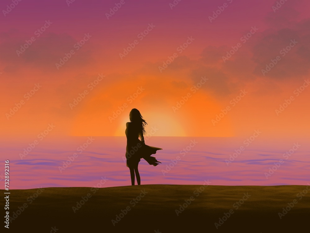 Fototapeta premium A woman with long hair stands and watches the sunset on the beach.