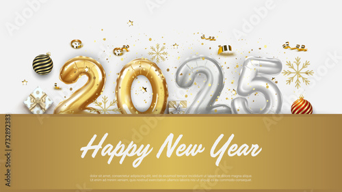 2025 Happy new year. realistic balloon numbers with ribbon background.