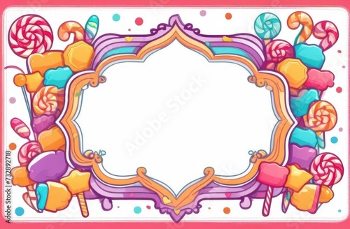 Frame with sweets and lollipops on white surface, copy place, top view, birthday party background