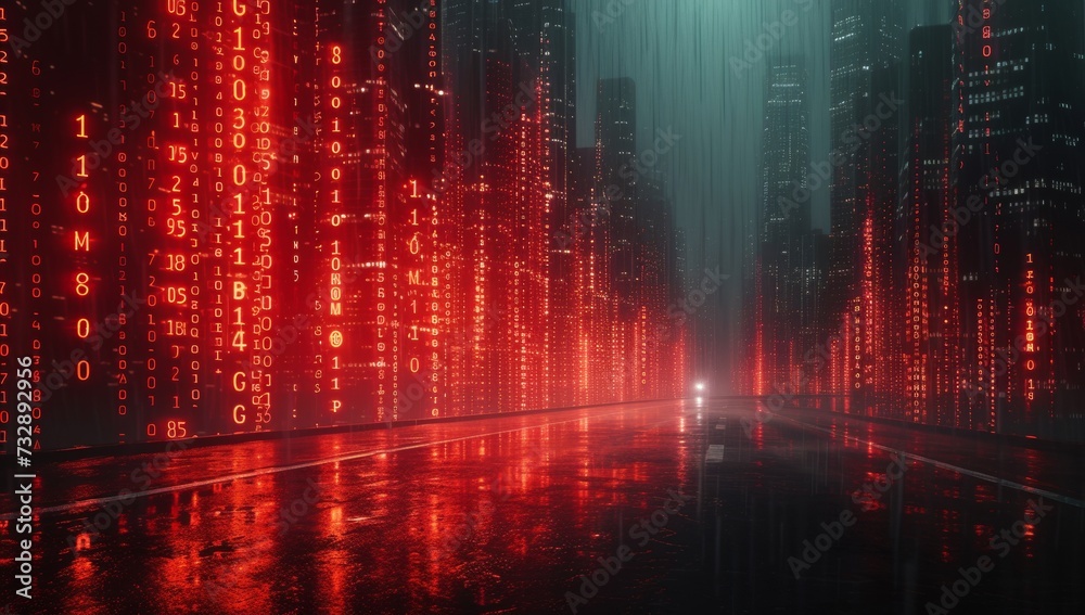 Red digital matrix raining down in a dark, cyber cityscape concept