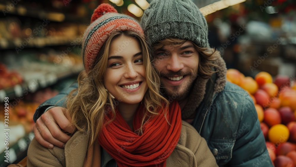 Cheerful couple embracing in a supermarket, surrounded by vibrant produce Cheerful couple embracing in a supermarket, surrounded by vibrant produce