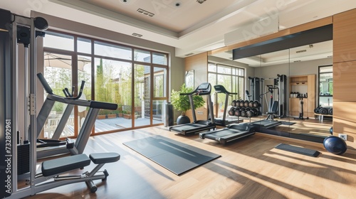 Spacious Home Exercise Area with Modern Gym Equipment and Mirrors