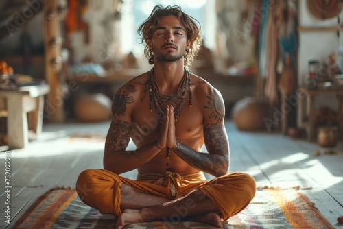 Man practicing yoga in a peaceful, well-lit living room, embodying tranquility