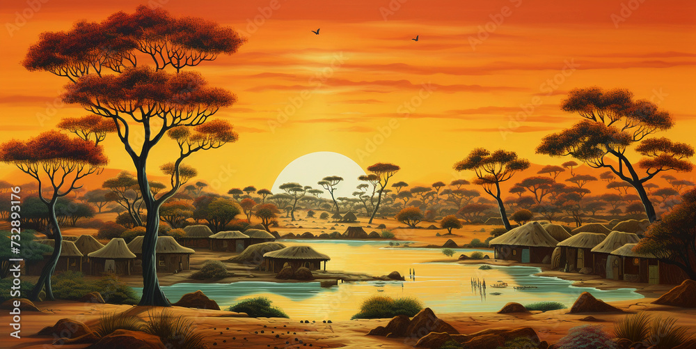 Drawing of a tribal village of huts in Africa with landscapes, trees, rivers and nature. The tribe has the morning sun. - obrazy, fototapety, plakaty 