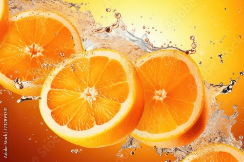 Cut orange halves on orange background  orange juice splashes