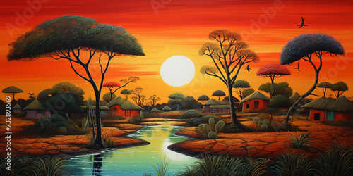 Drawing of a tribal village with simple huts. With views of trees, rivers, mountains and tribal nature, there is sunlight.