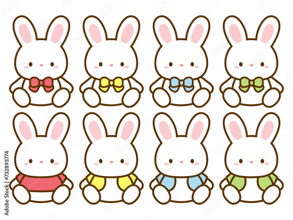 服を着たウサギのベクターイラストのセット。いろいろな種類のクマのアイコン、挿し絵に便利なクリップアート。 服を着たウサギのベクターイラストのセット。いろいろな種類のクマのアイコン、挿し絵に便利なクリップアート。