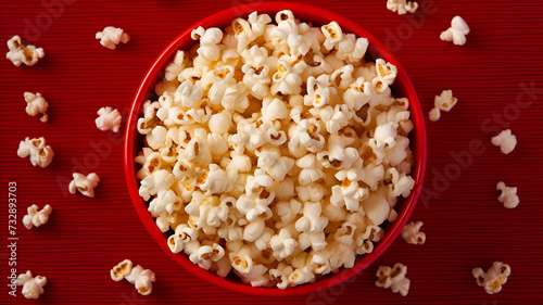 Indulge in Crispy Delight: Freshly Popped Popcorn Bowl on Vibrant Red