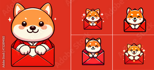 logo set of chibi dog isolated on a red lucky envelope background