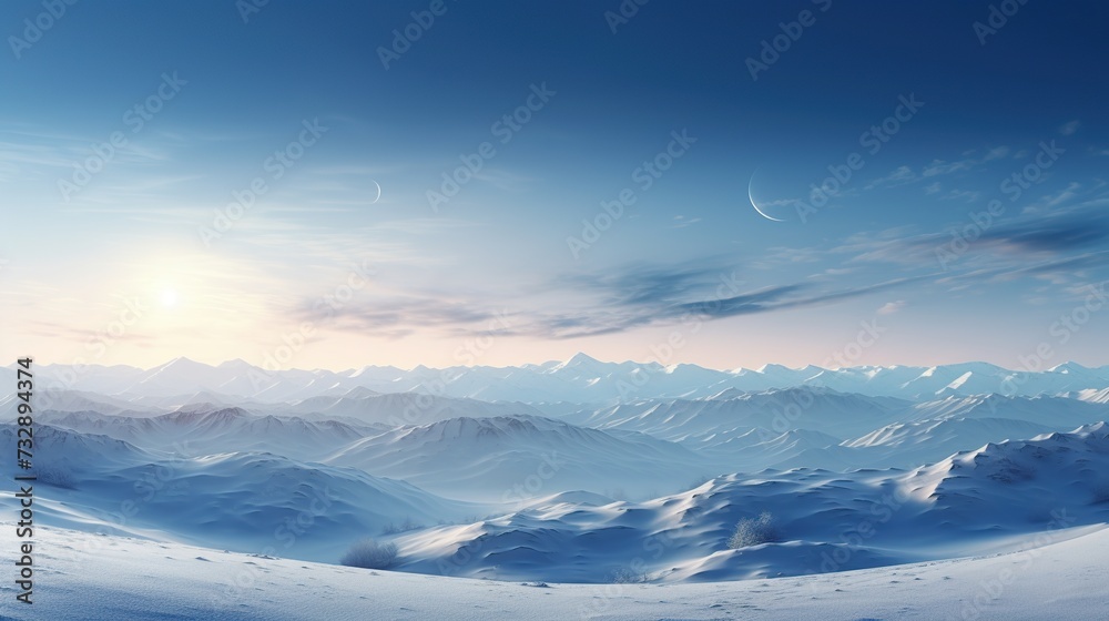 Mountainous winter landscape in morning light. solstice scenery with snow covered rolling hills in the distance beneath a sky with sun and moon.