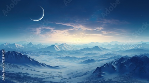 Mountainous winter landscape in morning light. solstice scenery with snow covered rolling hills in the distance beneath a sky with sun and moon.