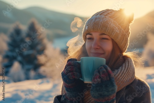 Woman Enjoying Hot Drink in Winter Wonderland © Rudsaphon