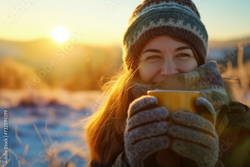 Woman Enjoying Hot Drink in Winter Wonderland © Rudsaphon
