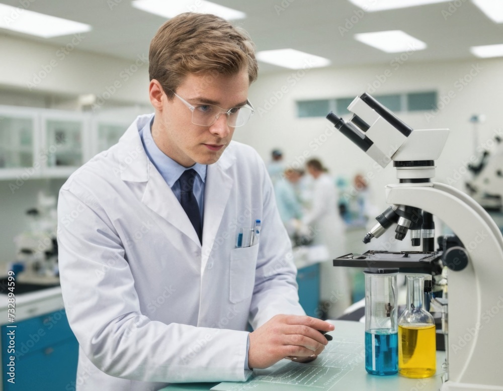 young Caucasian man, dressed in lab attire, deeply focused on his scientific work in a laboratory setting young Caucasian man, dressed in lab attire, deeply focused on his scientific work in a laboratory setting
