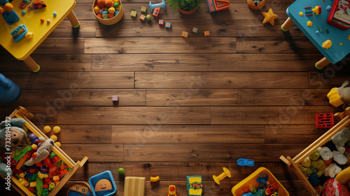Toys on Wooden Table, Flat lay, Top View