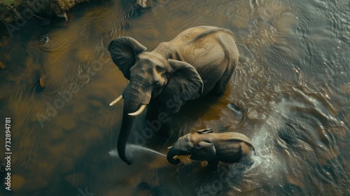 Adorable Baby Elephant Playfully Splashed by Mother in River AI Generated.