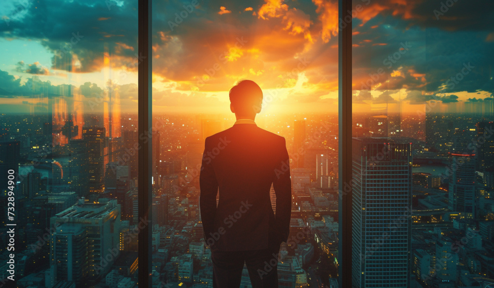 A man standing in front of a window looking at a city. Generative AI A man standing in front of a window looking at a city. Generative AI