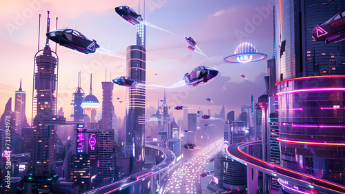 Futuristic Cityscape at Twilight With Neon Lights and Flying Vehicles