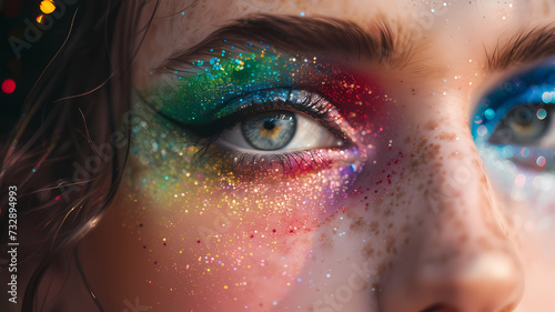 Close-Up of Colorful Glitter Eye Makeup on Woman