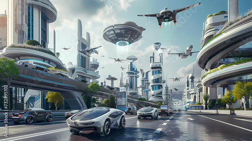 Futuristic Cityscape With Flying Vehicles and Advanced Architecture